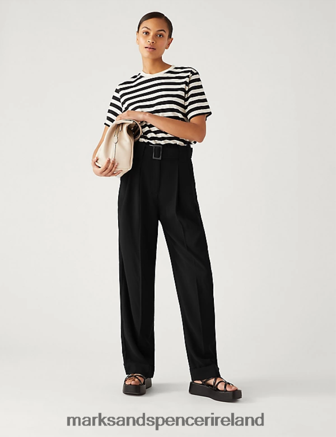 Marks & Spencer Women Belted Relaxed Straight Trousers Black Clothing 2VJ8DF612
