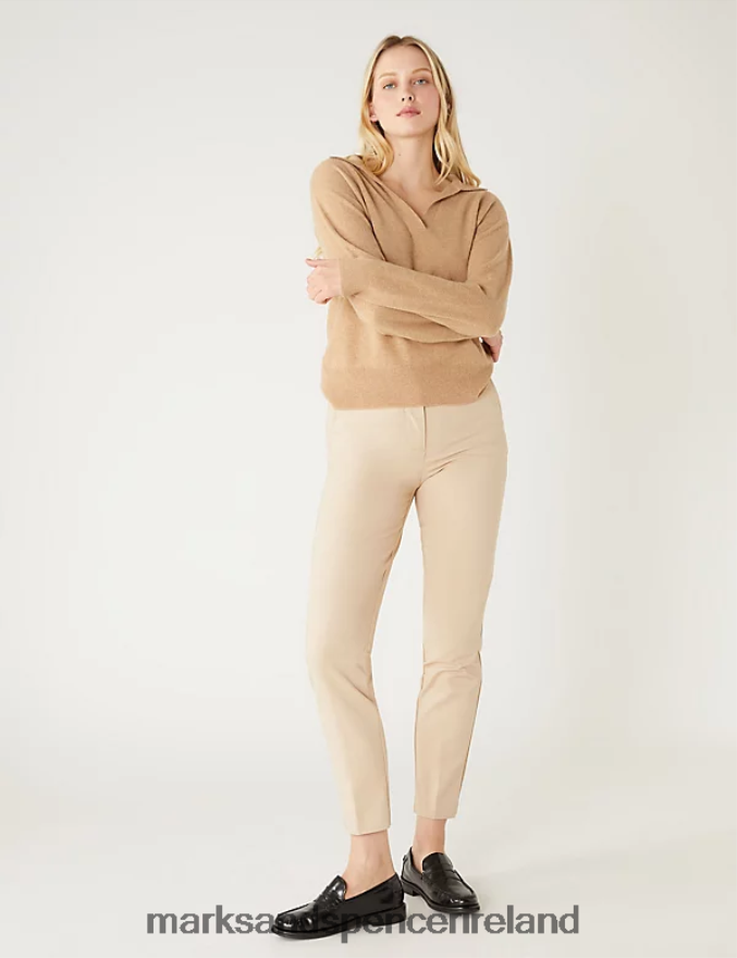 Marks & Spencer Women Cotton Blend Slim Fit Ankle Grazer Trousers Sand Clothing 2VJ8DF2426