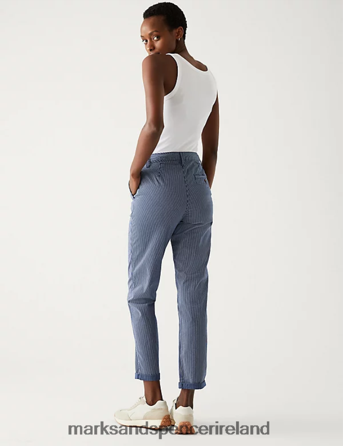 Marks & Spencer Women Cotton Rich Striped Slim Fit Chinos Navy Mix Clothing 2VJ8DF1004