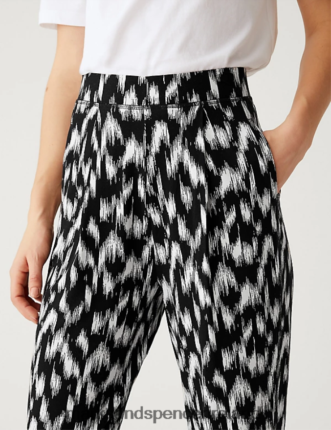 Marks & Spencer Women Jersey Printed Tapered Trousers Black/White Clothing 2VJ8DF2297