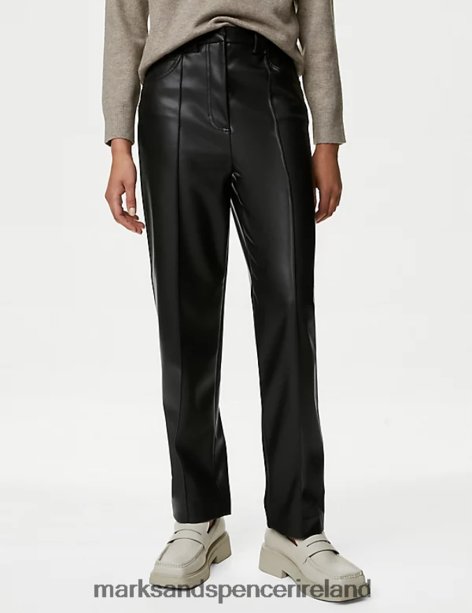 Marks & Spencer Women Leather Look Straight Leg Cropped Trousers Black Clothing 2VJ8DF2084