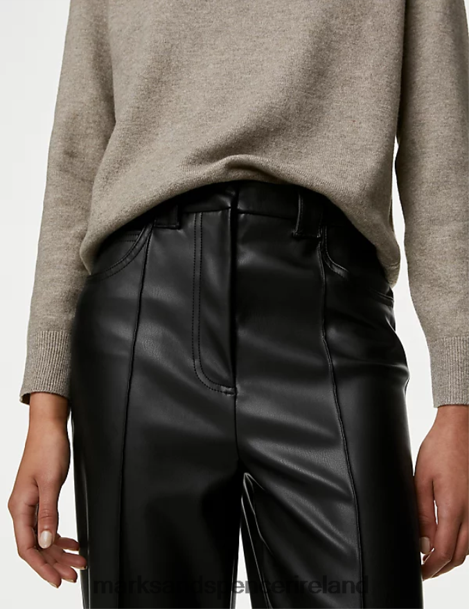 Marks & Spencer Women Leather Look Straight Leg Cropped Trousers Black Clothing 2VJ8DF2084