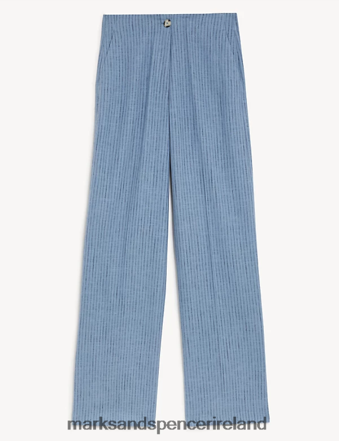 Marks & Spencer Women Linen Blend Striped Wide Leg Trousers Blue Mix Clothing 2VJ8DF2303
