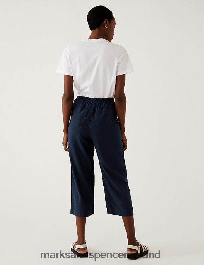 Marks & Spencer Women Linen Rich Wide Cropped Leg Trousers Navy Clothing 2VJ8DF1705