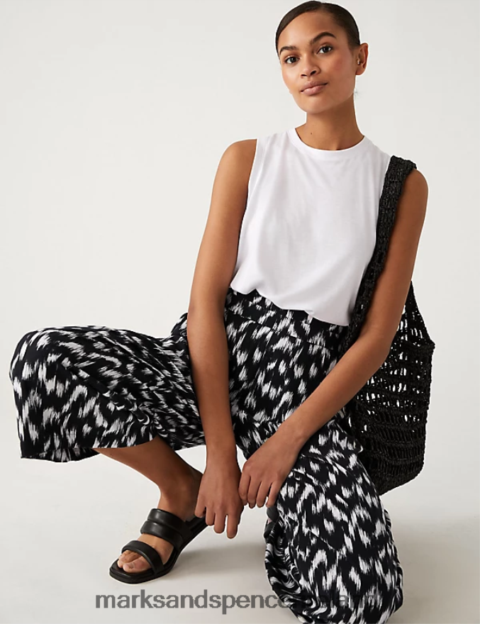 Marks & Spencer Women Printed Wide Leg Cropped Trousers Black/White Clothing 2VJ8DF2743