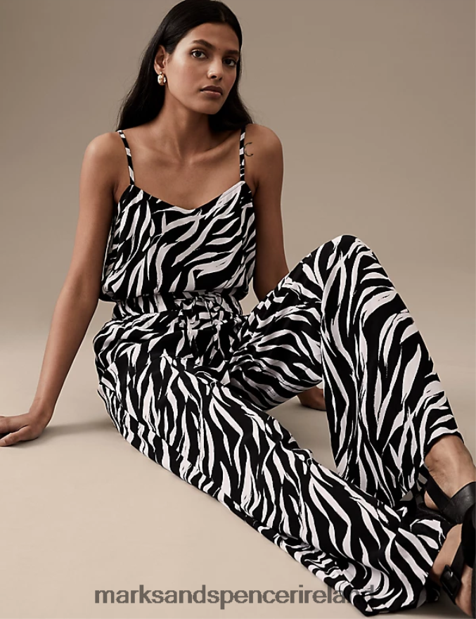 Marks & Spencer Women Printed Wide Leg Trousers White/Black Clothing 2VJ8DF2564