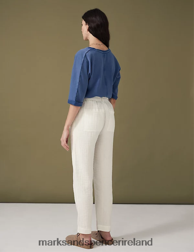 Marks & Spencer Women Pure Cotton Belted Tapered Trousers Ecru Clothing 2VJ8DF1510