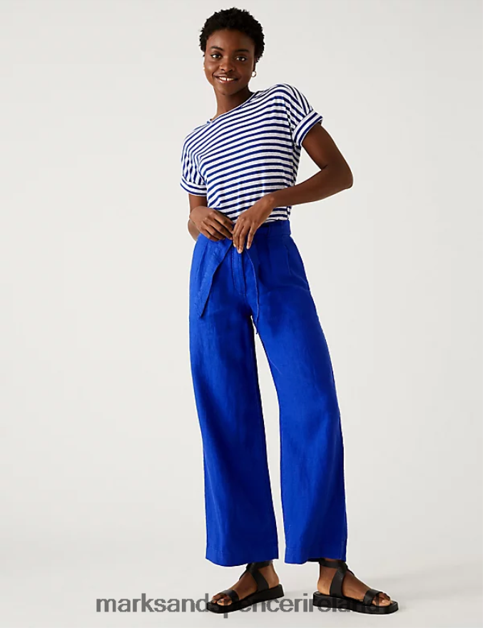 Marks & Spencer Women Pure Linen Belted Wide Leg Trousers Electric Blue Clothing 2VJ8DF827