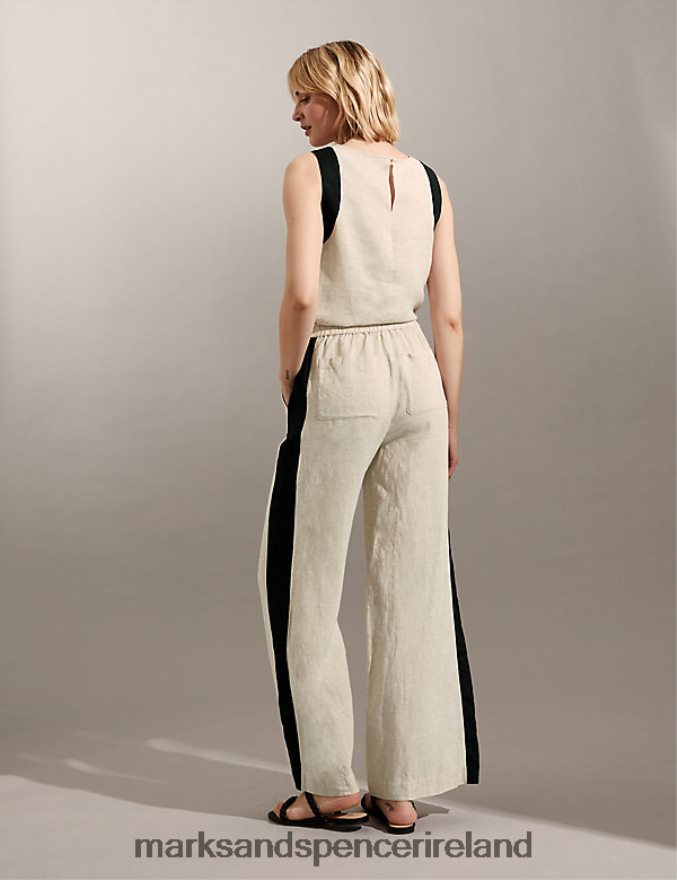 Marks & Spencer Women Pure Linen Side Stripe Wide Leg Trousers Natural Mix Clothing 2VJ8DF1558