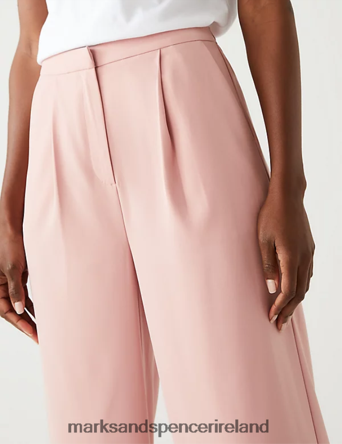 Marks & Spencer Women Satin Pleat Front Wide Leg Trousers Antique Rose Clothing 2VJ8DF2633