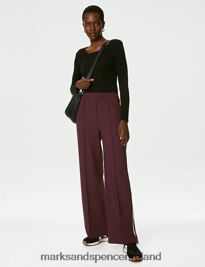 Marks & Spencer Women Side Stripe Wide Leg Trousers Dark Burgundy Clothing 2VJ8DF627