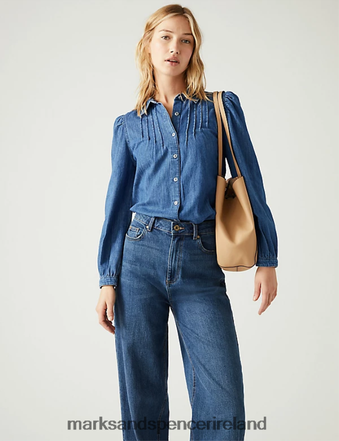 Marks & Spencer Women Collared Pintuck Shirt Denim Clothing 2VJ8DF2851