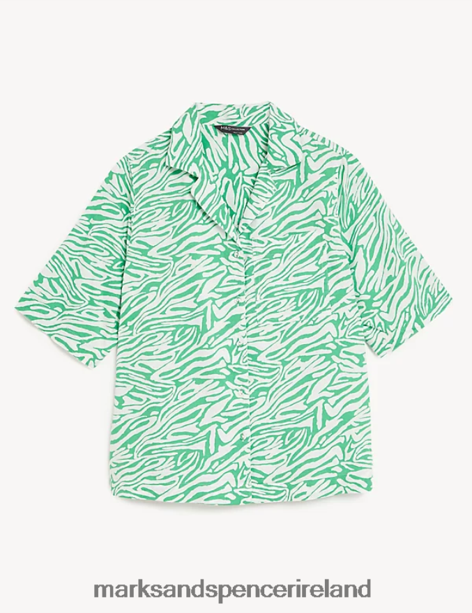 Marks & Spencer Women Cotton Rich Animal Print Collared Shirt Green Mix Clothing 2VJ8DF1511