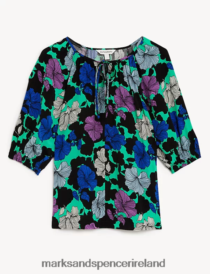 Marks & Spencer Women Cupro Rich Printed Tie Neck Blouse Black Mix Clothing 2VJ8DF1014