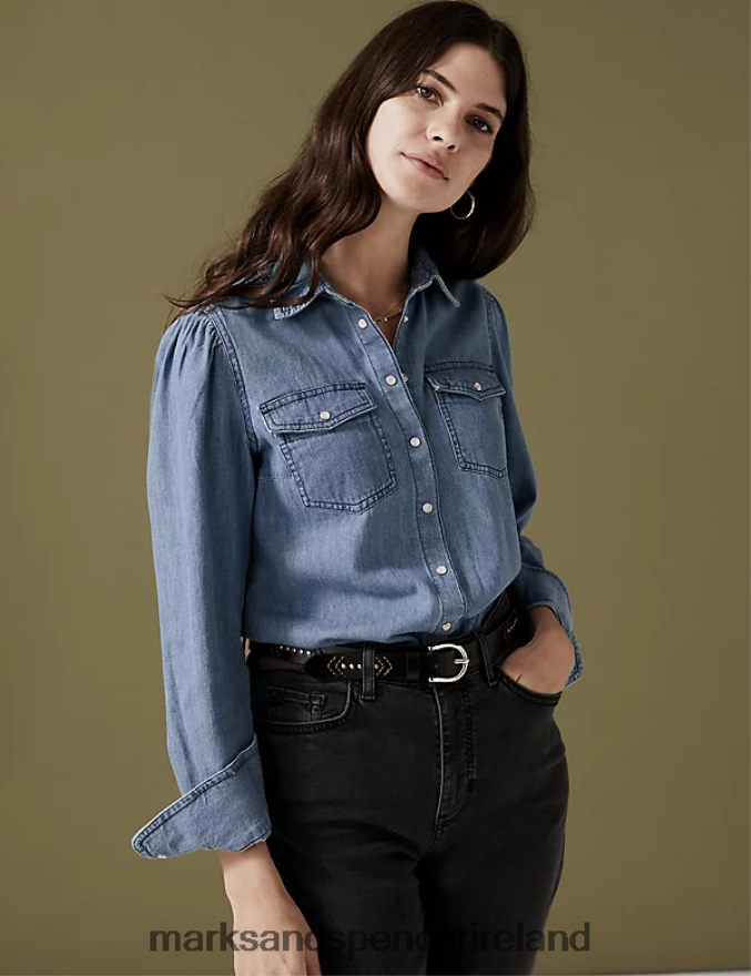 Marks & Spencer Women Denim Collared Shirt Light Indigo Clothing 2VJ8DF1260