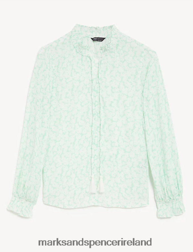 Marks & Spencer Women Floral Tie Neck Ruffle Blouse Green Mix Clothing 2VJ8DF1437