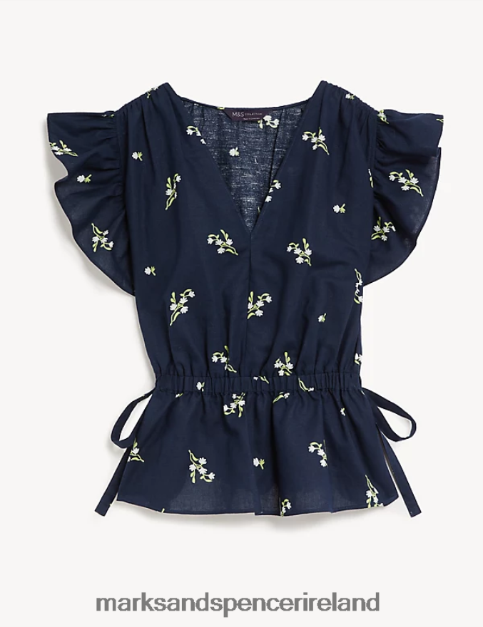Marks & Spencer Women Linen Blend Frill Detail Waisted Blouse Navy Mix Clothing 2VJ8DF2610