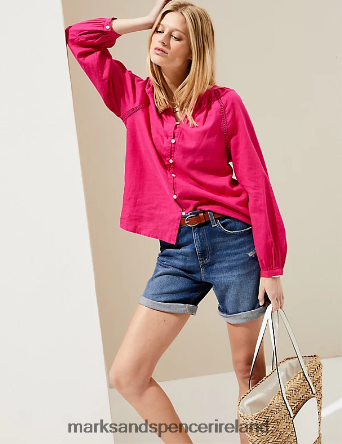 Marks & Spencer Women Linen Rich Collarless Blouse Fuchsia Clothing 2VJ8DF2368
