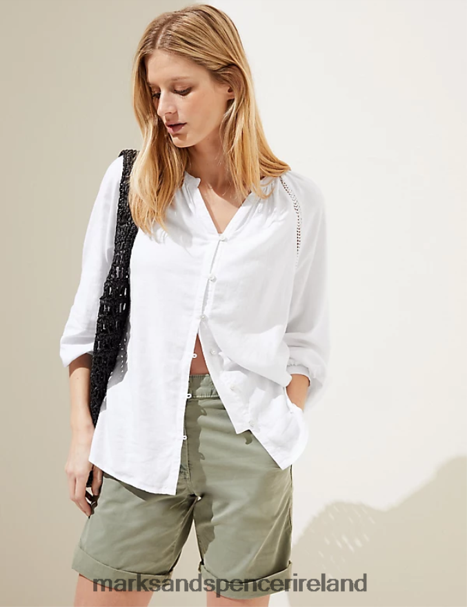 Marks & Spencer Women Linen Rich Collarless Blouse White Clothing 2VJ8DF2035