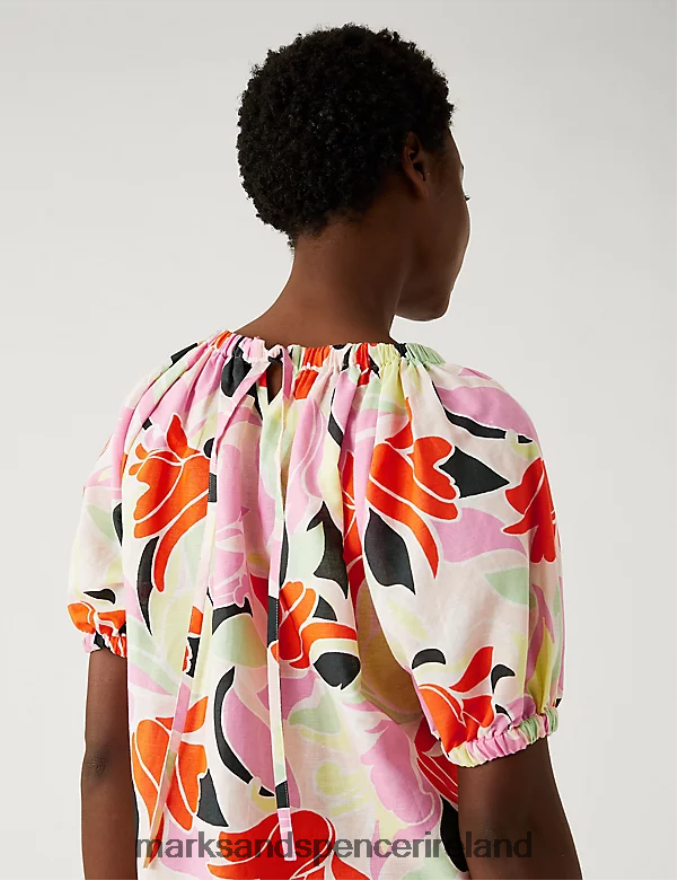 Marks & Spencer Women Linen Rich Printed Puff Sleeve Blouse Multi Clothing 2VJ8DF259