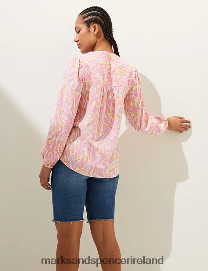 Marks & Spencer Women Linen Rich Printed V-Neck Relaxed Blouse Pink Mix Clothing 2VJ8DF1504
