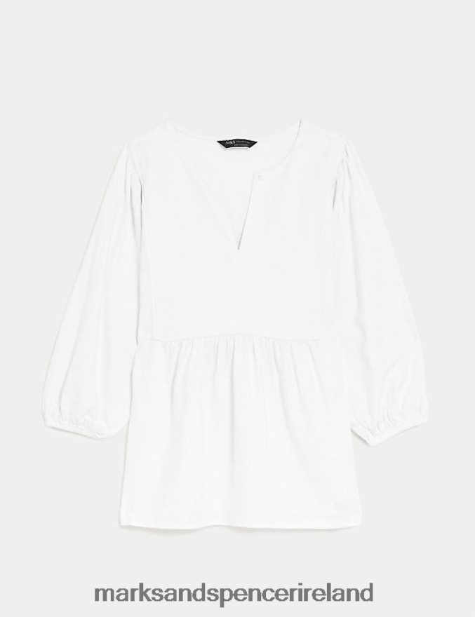 Marks & Spencer Women Linen Rich V-Neck Puff Sleeve Blouse White Clothing 2VJ8DF81