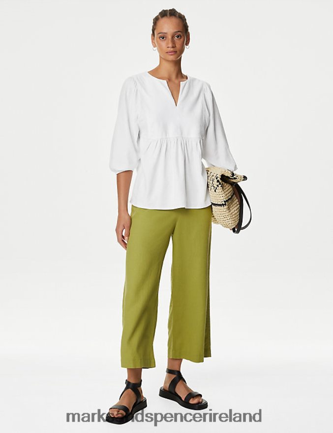 Marks & Spencer Women Linen Rich V-Neck Puff Sleeve Blouse White Clothing 2VJ8DF81