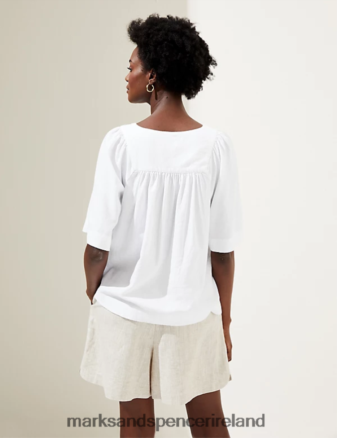 Marks & Spencer Women Linen Rich V-Neck Relaxed Blouse White Clothing 2VJ8DF1962