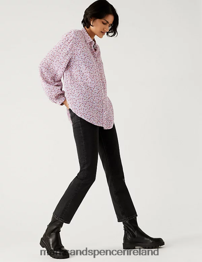 Marks & Spencer Women Modal Blend Printed Longline Shirt Pink Mix Clothing 2VJ8DF668