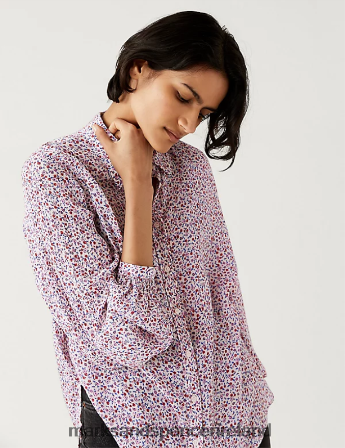 Marks & Spencer Women Modal Blend Printed Longline Shirt Pink Mix Clothing 2VJ8DF668