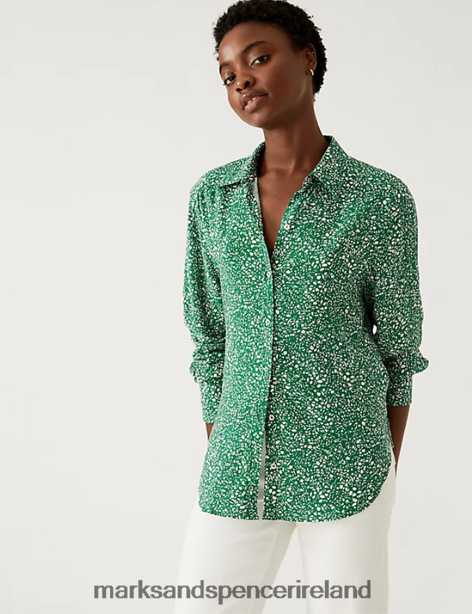 Marks & Spencer Women Printed Collared Relaxed Shirt Green Mix Clothing 2VJ8DF2664