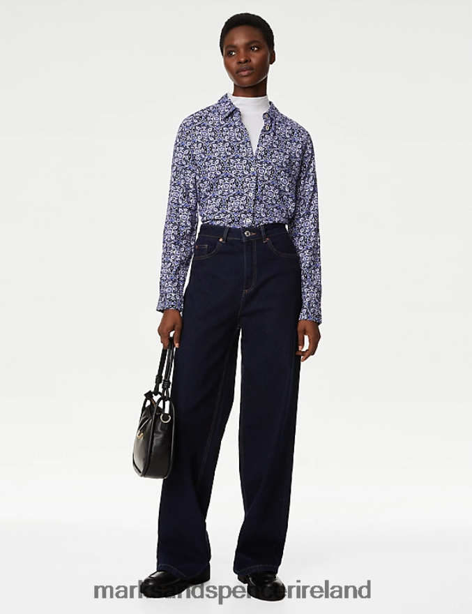 Marks & Spencer Women Printed Collared Shirt Blue Mix Clothing 2VJ8DF739