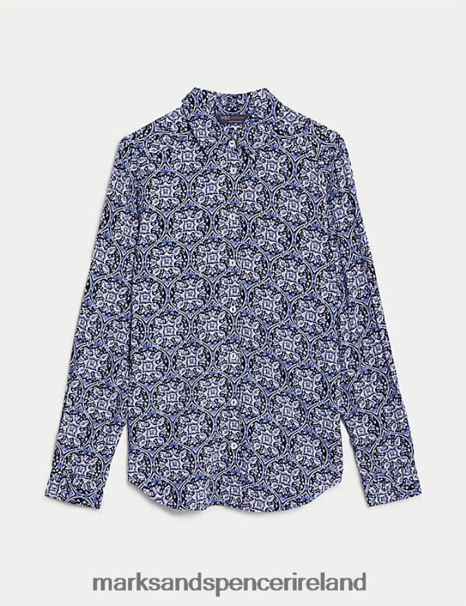 Marks & Spencer Women Printed Collared Shirt Blue Mix Clothing 2VJ8DF739