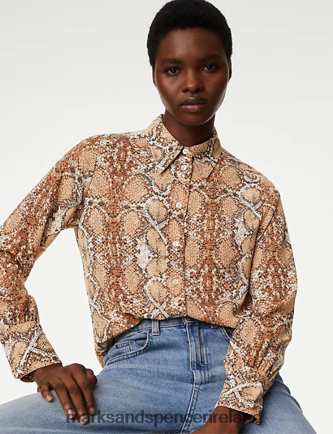 Marks & Spencer Women Printed Collared Shirt Brown Mix Clothing 2VJ8DF488