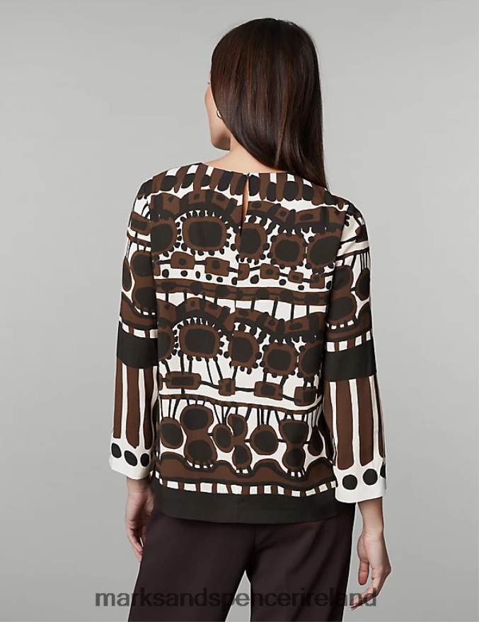 Marks & Spencer Women Printed Crew Neck Blouse Brown Mix Clothing 2VJ8DF68