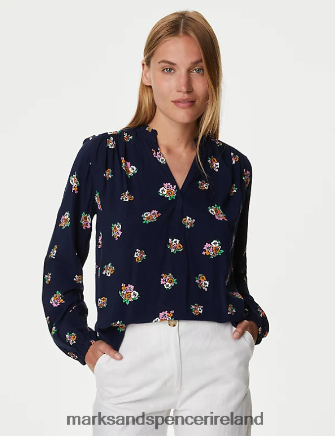 Marks & Spencer Women Printed Regular Fit Long Sleeve Blouse Dark Navy Mix Clothing 2VJ8DF834