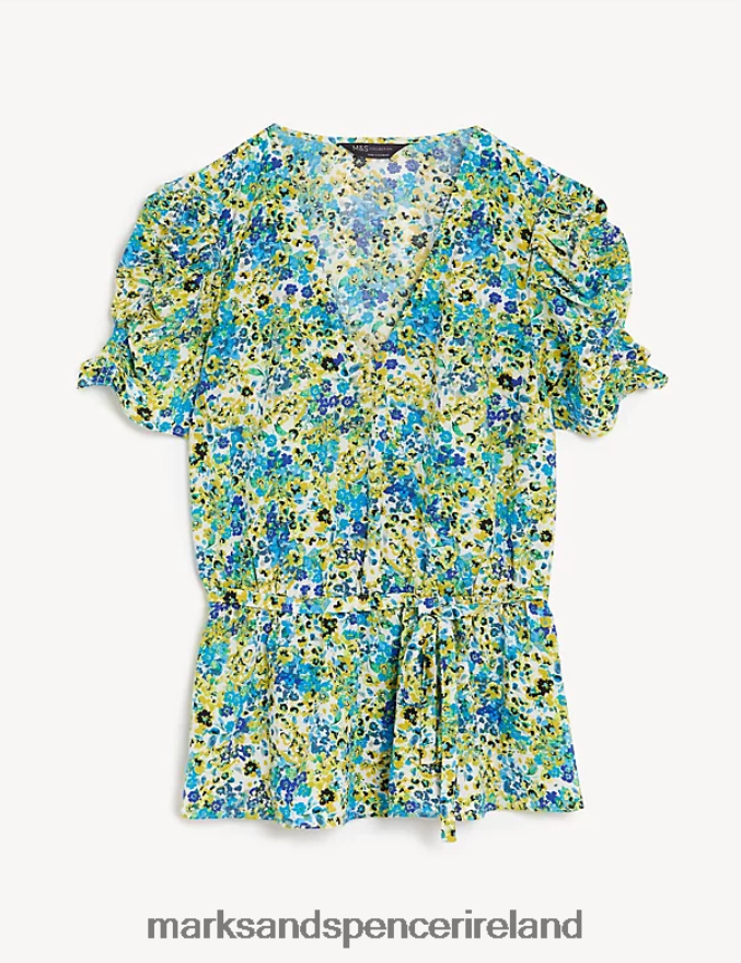 Marks & Spencer Women Printed V-Neck Wrap Top Green Mix Clothing 2VJ8DF1627