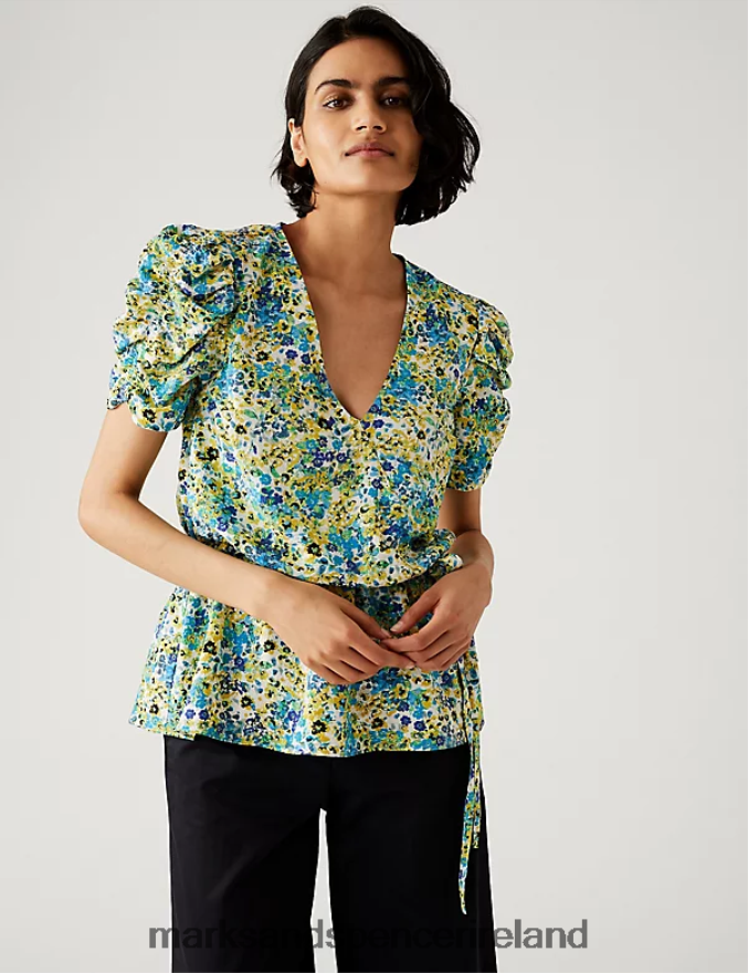 Marks & Spencer Women Printed V-Neck Wrap Top Green Mix Clothing 2VJ8DF1627