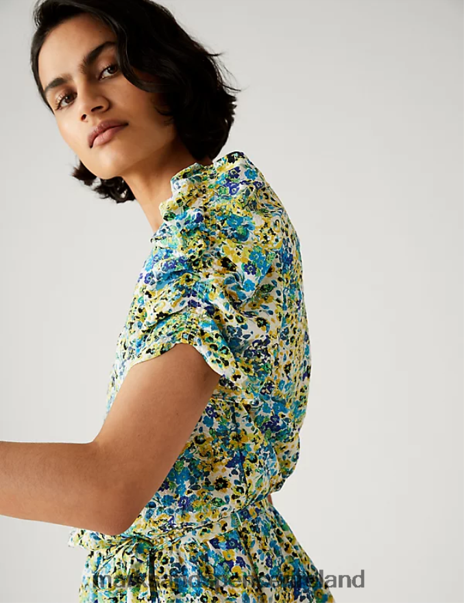 Marks & Spencer Women Printed V-Neck Wrap Top Green Mix Clothing 2VJ8DF1627