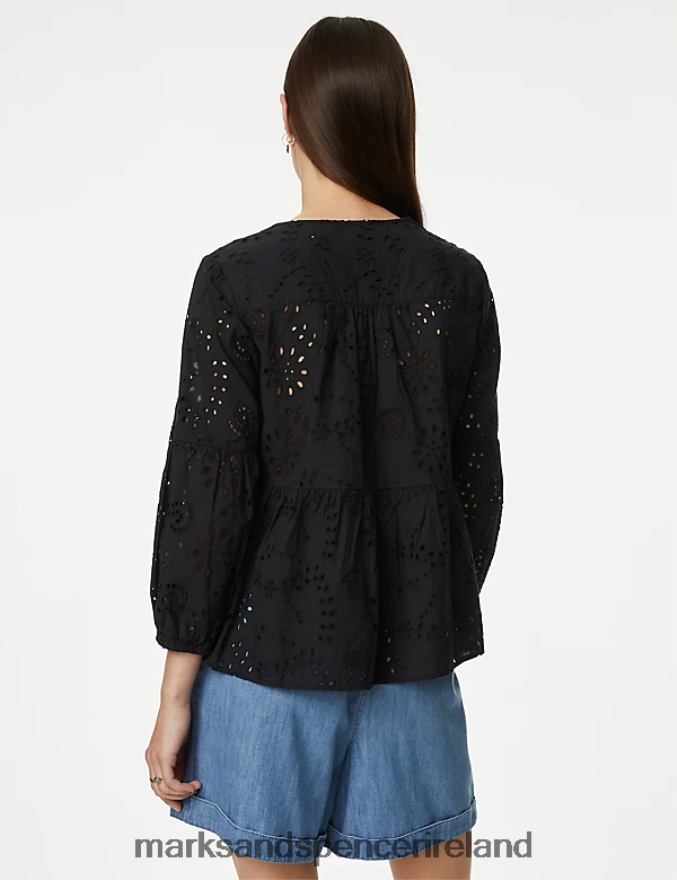 Marks & Spencer Women Pure Cotton Broderie V-Neck Blouse Black Clothing 2VJ8DF396