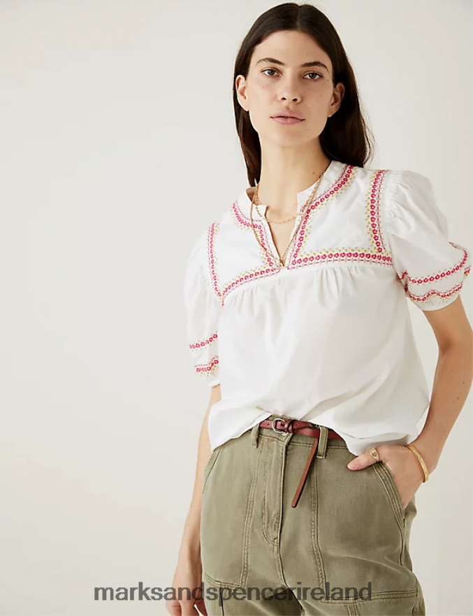 Marks & Spencer Women Pure Cotton Embroidered Notch Neck Blouse Ivory Mix Clothing 2VJ8DF580