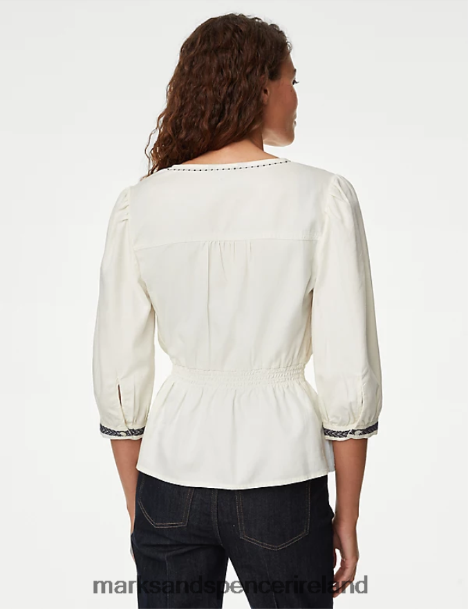 Marks & Spencer Women Pure Cotton Embroidered V-Neck Blouse Ivory Clothing 2VJ8DF884