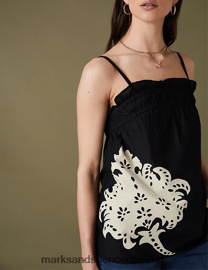 Marks & Spencer Women Pure Cotton Floral Square Neck Blouse Black Clothing 2VJ8DF1420