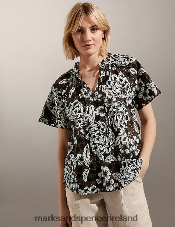 Marks & Spencer Women Pure Cotton Floral Tie Neck Blouse Brown Clothing 2VJ8DF1179