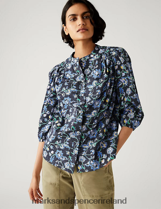 Marks & Spencer Women Pure Cotton Printed High Neck Blouse Multi Clothing 2VJ8DF1467