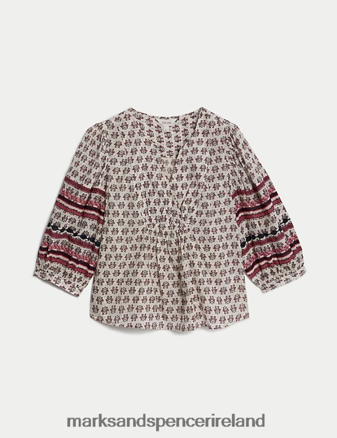 Marks & Spencer Women Pure Cotton Printed Notch Neck Blouse Ecru Mix Clothing 2VJ8DF382