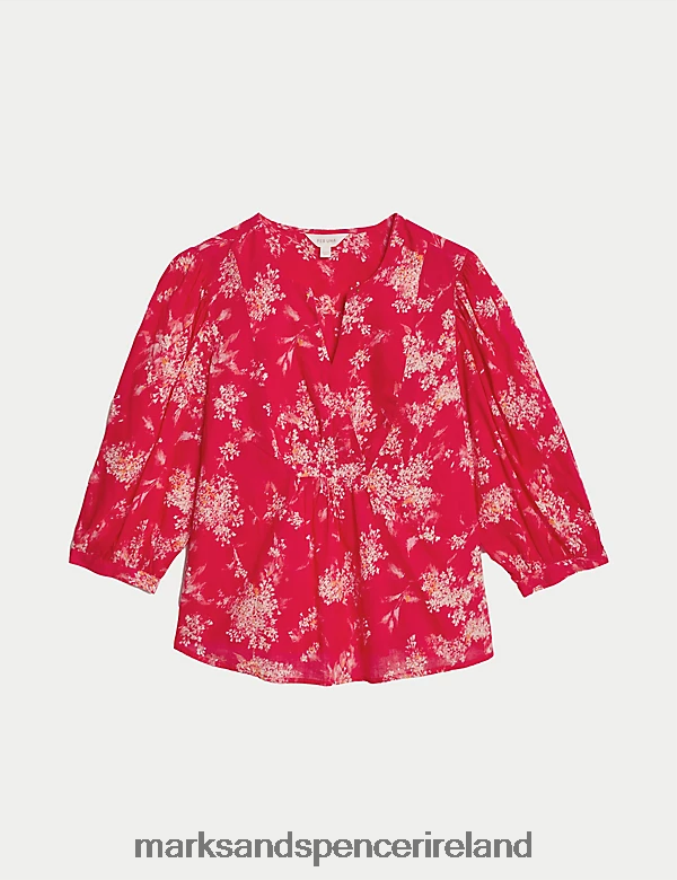 Marks & Spencer Women Pure Cotton Printed Notch Neck Blouse Pink Mix Clothing 2VJ8DF77