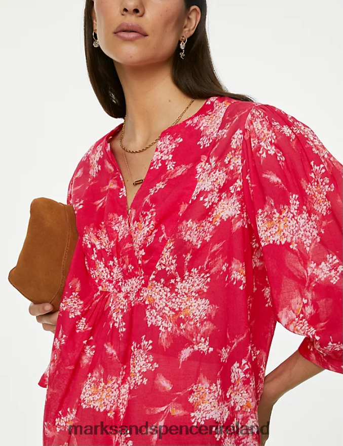 Marks & Spencer Women Pure Cotton Printed Notch Neck Blouse Pink Mix Clothing 2VJ8DF77