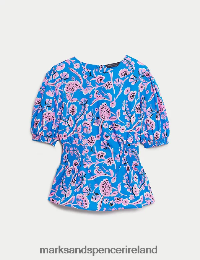 Marks & Spencer Women Pure Cotton Printed Puff Sleeve Blouse Blue Mix Clothing 2VJ8DF147
