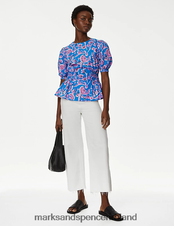 Marks & Spencer Women Pure Cotton Printed Puff Sleeve Blouse Blue Mix Clothing 2VJ8DF147